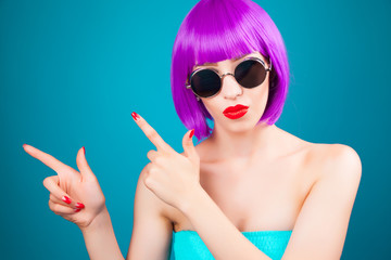 beautiful woman wearing colorful wig