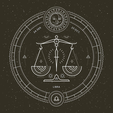 Vintage thin line Libra zodiac sign label. Retro vector astrological symbol, mystic, sacred geometry element, emblem, logo. Stroke outline illustration.