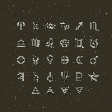Astrology symbols and mystic signs. Set of astrological graphic design elements. Vector icons collection.