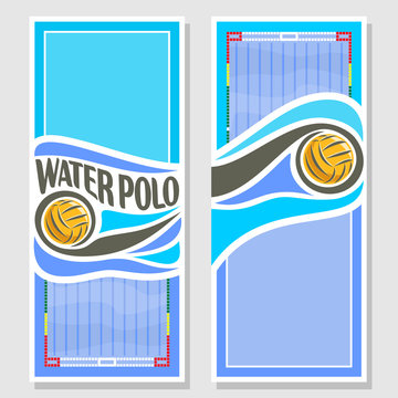 Vector Abstract Logo For Water Polo Ball, Blue Vertical Banners For Text Info Title With Swimming Pool Liquid Waves And Waterpolo Equipment Yellow Water Polo Ball. Invitation Ticket To Sports Arena