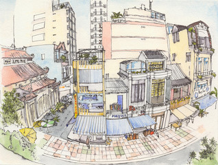 Watercolor drawing of an asian street