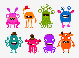 Fun cute cartoon monsters. Set icons vector illustration