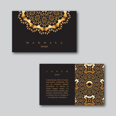 Set of ornamental business golden cards with mandala and seamless pattern, visiting template cards. Vintage decorative elements.Indian, asian, arabic, islamic, ottoman motif. Vector illustration.