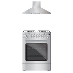 Gas stove and hood. Vector realistic image. Isolated on white ba