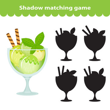 Children's educational game, find correct shadow silhouette. Sweets, ice cream, set the game to find the right shade. Vector illustration