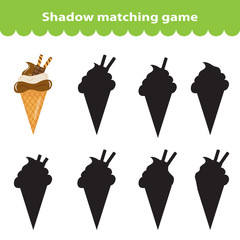 Children's educational game, find correct shadow silhouette. Sweets, ice cream, set the game to find the right shade. Vector illustration