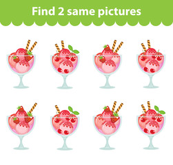 Children's educational game. Find two same pictures. Set of ice cream dessert for the game find two same pictures. Vector illustration.