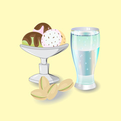 sundae with three scoops of ice cream, berries, pistachio and cream with chocolate chips and chocolate syrup, a glass of cold sparkling water, vector illustration