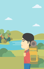 Man with backpack hiking vector illustration.