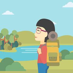Woman with backpack hiking vector illustration.