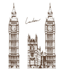 Fototapeta premium Elizabeth Tower (Big Ben) and Palace of Westminster hand drawn