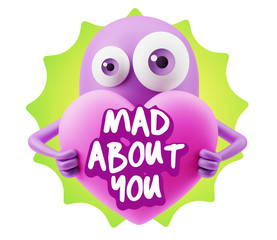 3d Rendering. Love Emoticon Face Holding Heart saying Mad About