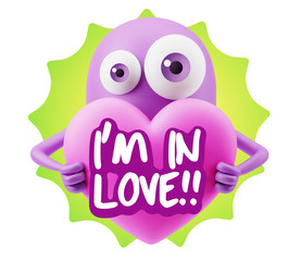 3d Rendering. Love Emoticon Face Holding Heart saying I'm in Lov