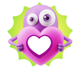 3d Rendering. Love Emoticon Face Holding Heart saying Love with