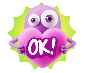 3d Rendering. Love Emoticon Face Holding Heart saying Ok with Co