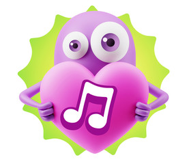 3d Rendering. Love Emoticon Face Holding Heart saying Music Symb