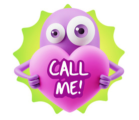 3d Rendering. Love Emoticon Face Holding Heart saying Call Me wi