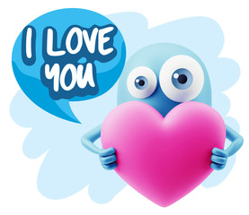 3d Rendering. Love Emoticon Face Holding Heart saying I Love You