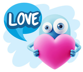 3d Rendering. Love Emoticon Face Holding Heart saying Love with
