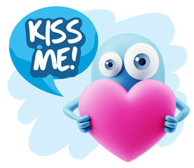 3d Rendering. Love Emoticon Face Holding Heart saying Kiss Me wi