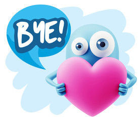 3d Rendering. Love Emoticon Face Holding Heart saying Bye with C