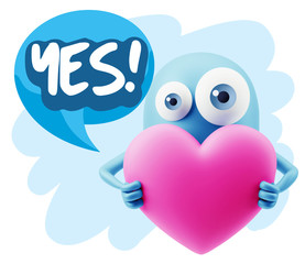 3d Rendering. Love Emoticon Face Holding Heart saying Yes with C