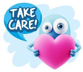 3d Rendering. Love Emoticon Face Holding Heart saying Take Care