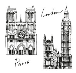 Attractions of the world, Big Ben and Eiffel Tower, London and P