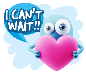 3d Rendering. Love Emoticon Face Holding Heart saying I Can't Wa
