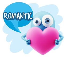 3d Rendering. Love Emoticon Face Holding Heart saying Romantic w