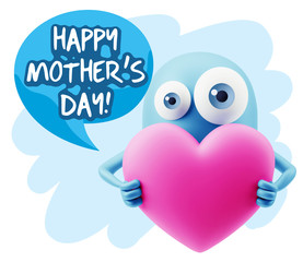 3d Rendering. Love Emoticon Face Holding Heart saying Happy Moth