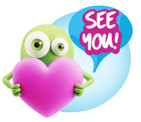 3d Rendering. Love Emoticon Face Holding Heart saying See You wi