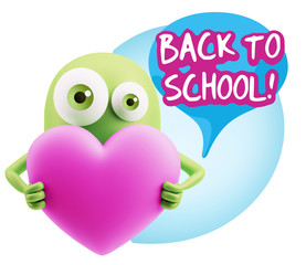 3d Rendering. Love Emoticon Face Holding Heart saying Back To Sc