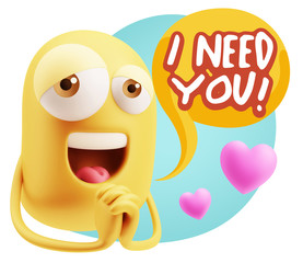  3d Rendering. Love Emoticon Face saying I Need You with Colorfu