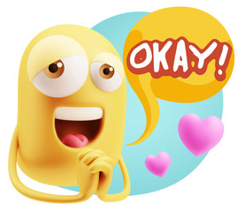  3d Rendering. Love Emoticon Face saying Okay with Colorful Spee