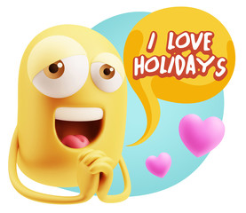  3d Rendering. Love Emoticon Face saying I Love Holidays with Co