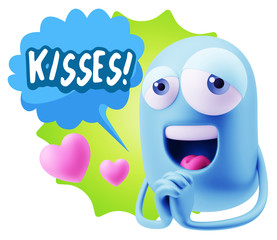  3d Rendering. Love Emoticon Face saying Kisses with Colorful Sp