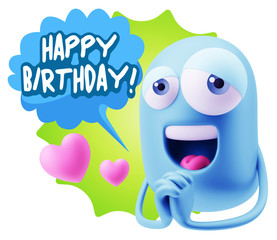  3d Rendering. Love Emoticon Face saying Happy Birthday with Col