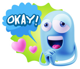  3d Rendering. Love Emoticon Face saying Okay with Colorful Spee