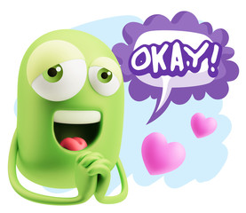  3d Rendering. Love Emoticon Face saying Okay with Colorful Spee