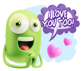  3d Rendering. Love Emoticon Face saying I Love You Too with Col