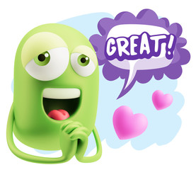  3d Rendering. Love Emoticon Face saying Great with Colorful Spe