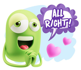  3d Rendering. Love Emoticon Face saying All Right with Colorful