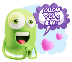  3d Rendering. Love Emoticon Face saying Follow Your Heart with