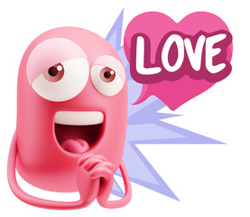  3d Rendering. Love Emoticon Face saying Love with Colorful Spee