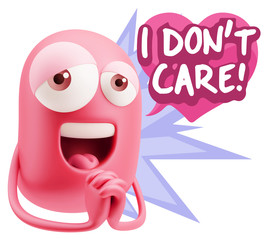  3d Rendering. Love Emoticon Face saying I Don't Care with Color