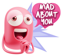  3d Rendering. Love Emoticon Face saying Mad About You with Colo