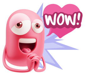  3d Rendering. Love Emoticon Face saying Wow with Colorful Speec