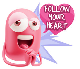  3d Rendering. Love Emoticon Face saying Follow Your Heart with