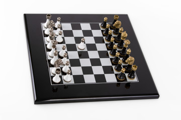 Black board on a white background. Classic black and white pieces with metal heads